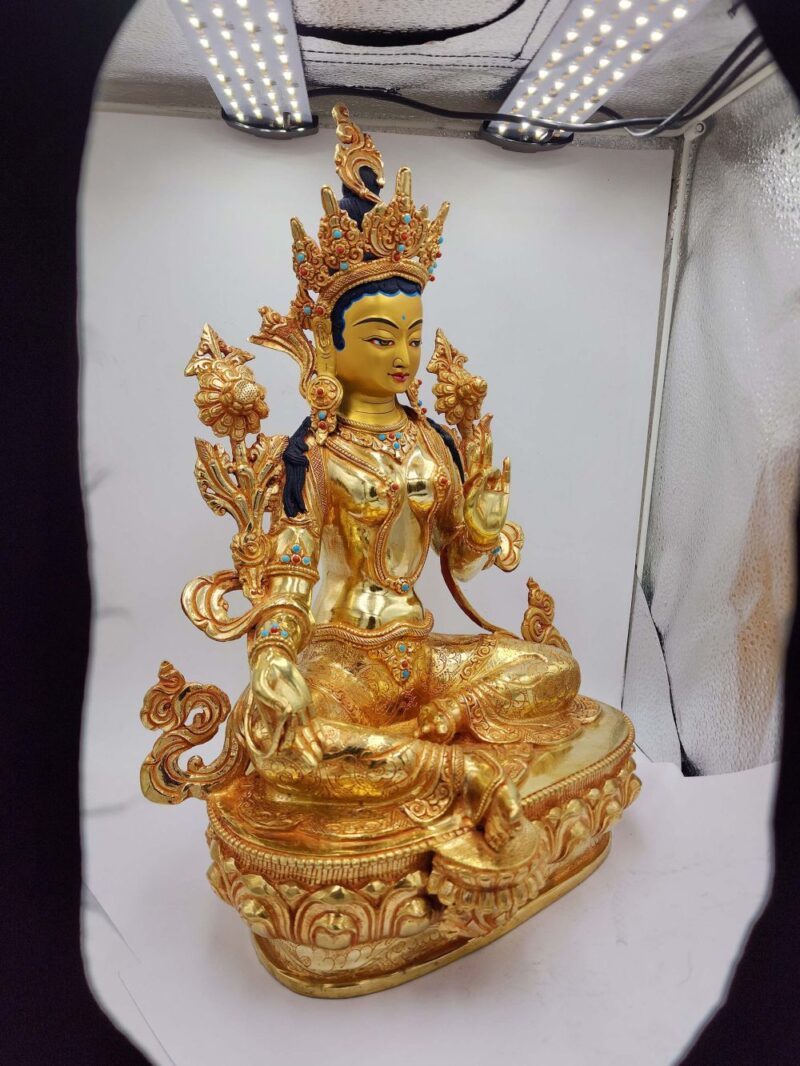 Buddhist Handmade Statue of Green Tara – Full Fire Gold Plated, Face Painted, Stone Setting - Image 2