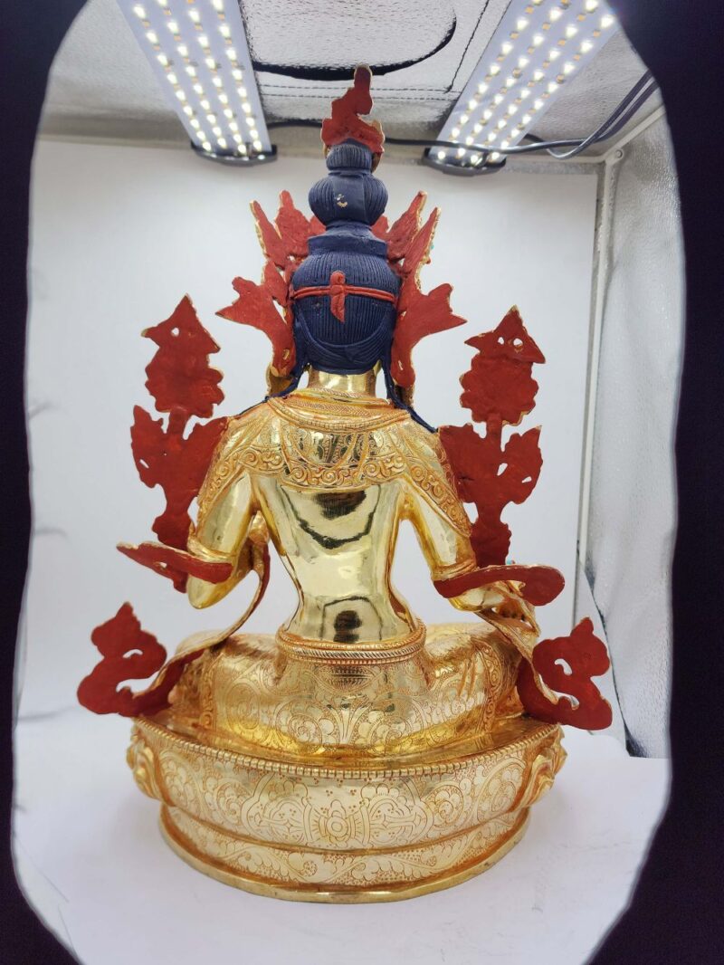Buddhist Handmade Statue of Green Tara – Full Fire Gold Plated, Face Painted, Stone Setting - Image 5