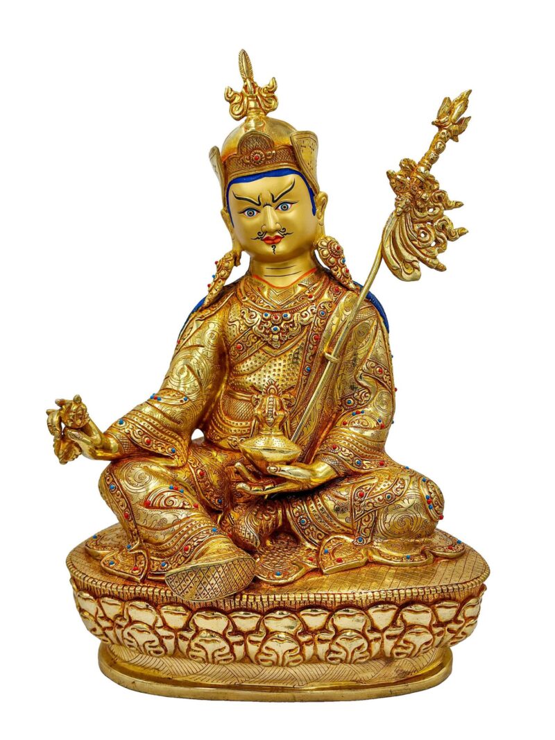 Buddhist Handmade Statue of Padmasambhava – Full Fire Gold Plated, Face Painted, Stone Setting - Image 3