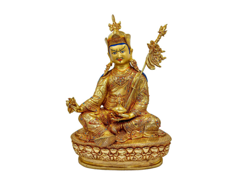 Buddhist Handmade Statue of Padmasambhava – Full Fire Gold Plated, Face Painted, Stone Setting
