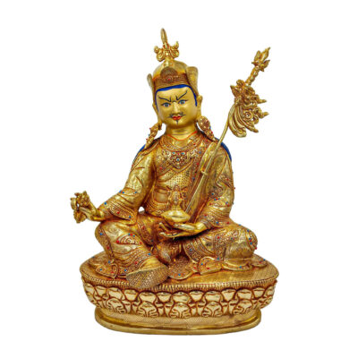 Buddhist Handmade Statue of Padmasambhava – Full Fire Gold Plated, Face Painted, Stone Setting