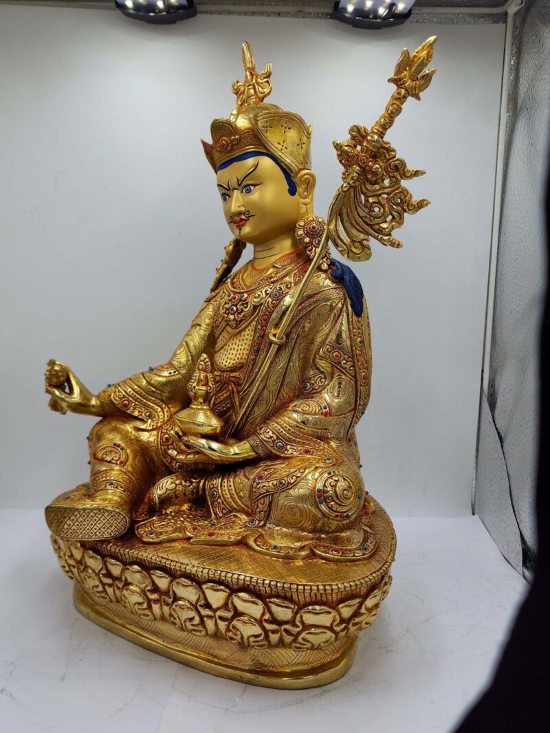 Buddhist Handmade Statue of Padmasambhava – Full Fire Gold Plated, Face Painted, Stone Setting - Image 4
