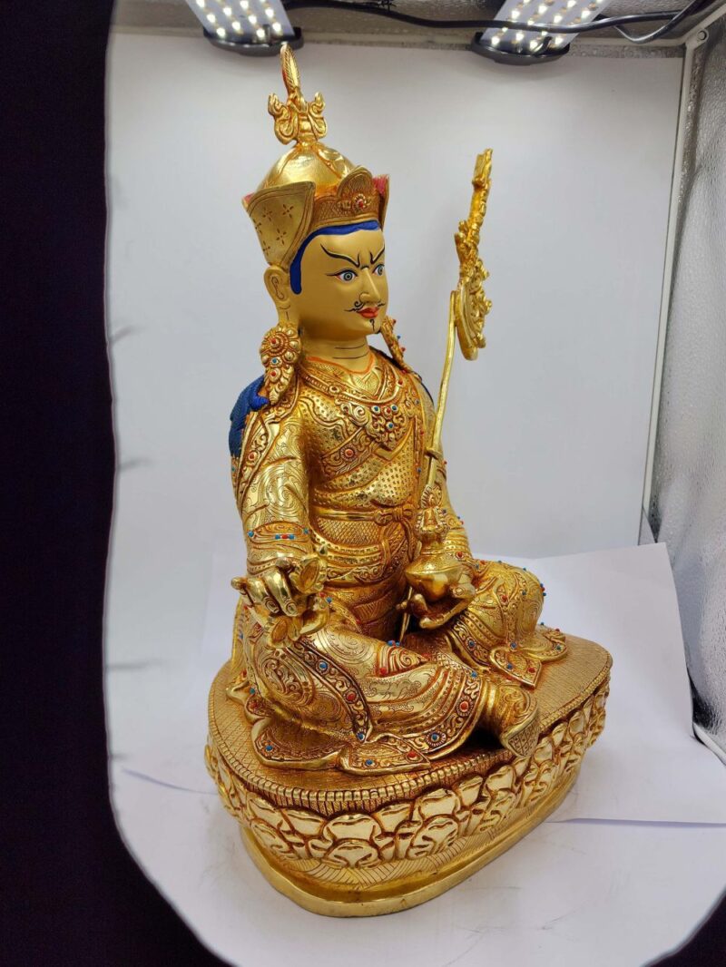 Buddhist Handmade Statue of Padmasambhava – Full Fire Gold Plated, Face Painted, Stone Setting - Image 2