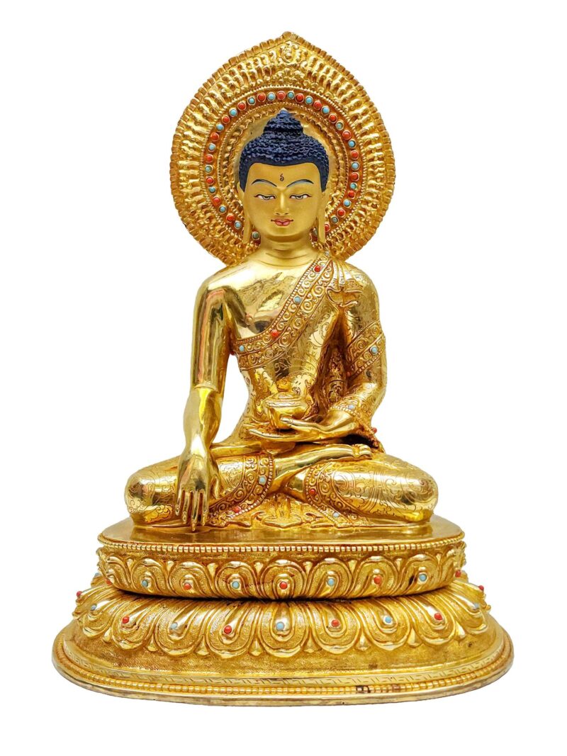 Buddhist Handmade Statue of Shakyamuni Buddha – Full Fire Gold Plated, Face Painted, Stone Setting - Image 3