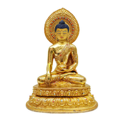 Buddhist Handmade Statue of Shakyamuni Buddha – Full Fire Gold Plated, Face Painted, Stone Setting