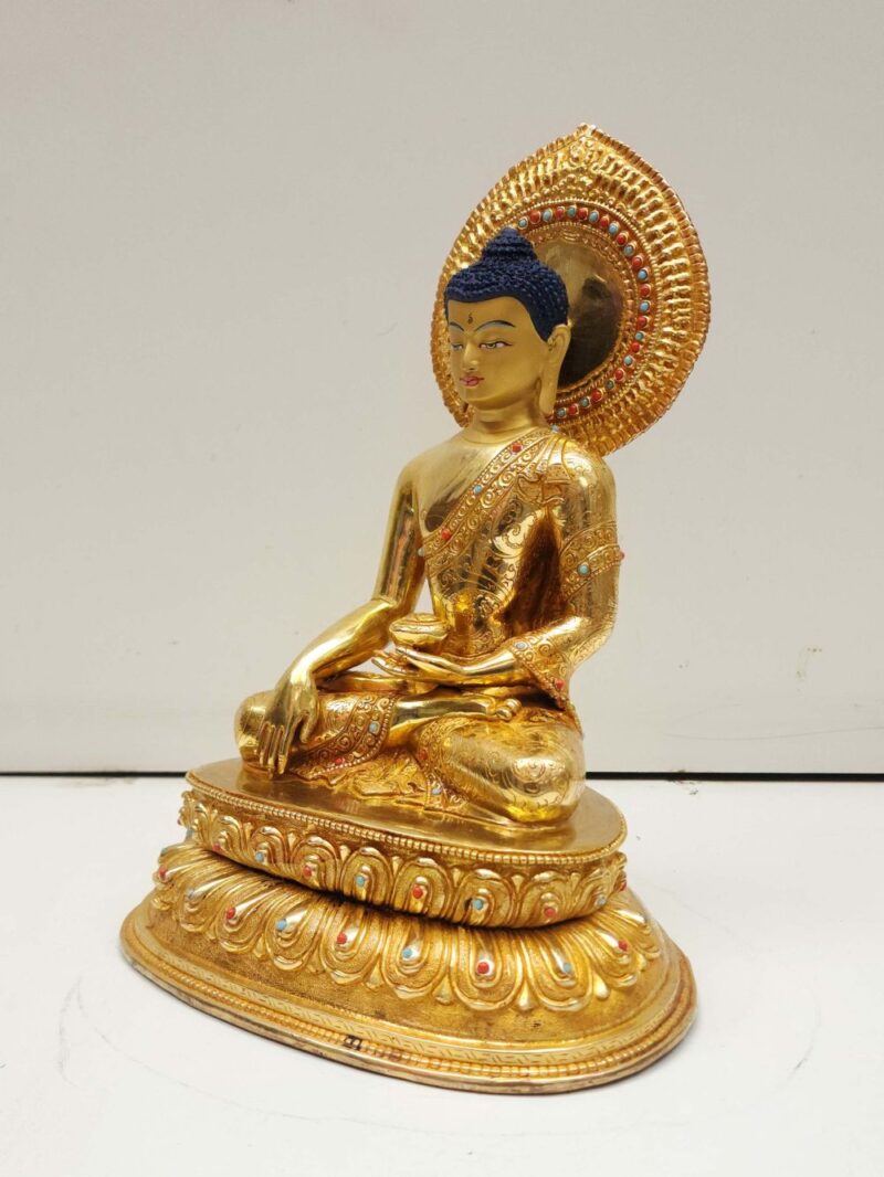Buddhist Handmade Statue of Shakyamuni Buddha – Full Fire Gold Plated, Face Painted, Stone Setting - Image 4