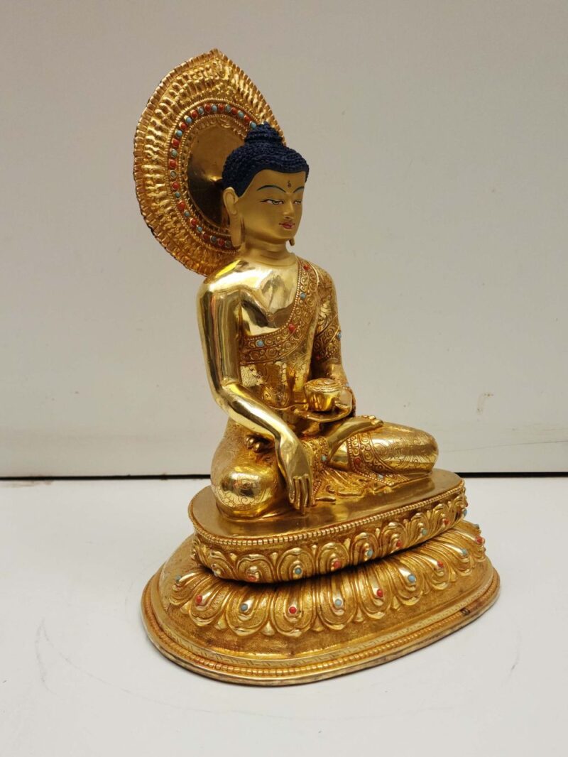 Buddhist Handmade Statue of Shakyamuni Buddha – Full Fire Gold Plated, Face Painted, Stone Setting - Image 2