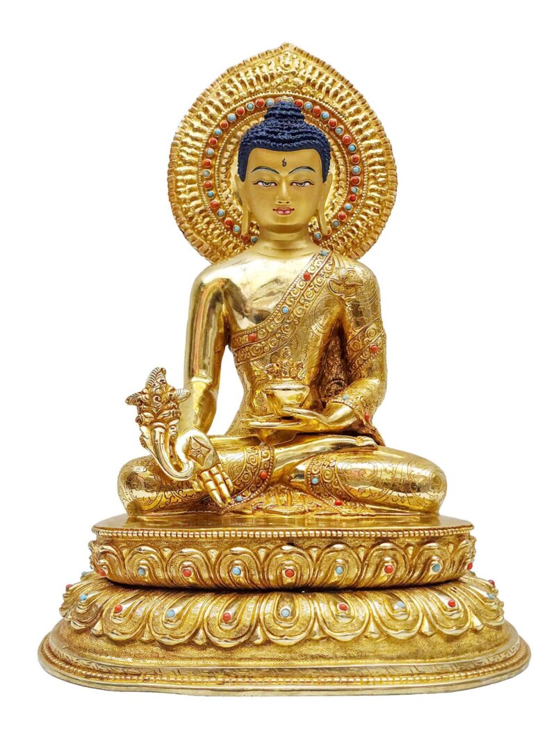 Buddhist Handmade Statue of Medicine Buddha – Full Fire Gold Plated, Face Painted, Stone Setting - Image 3