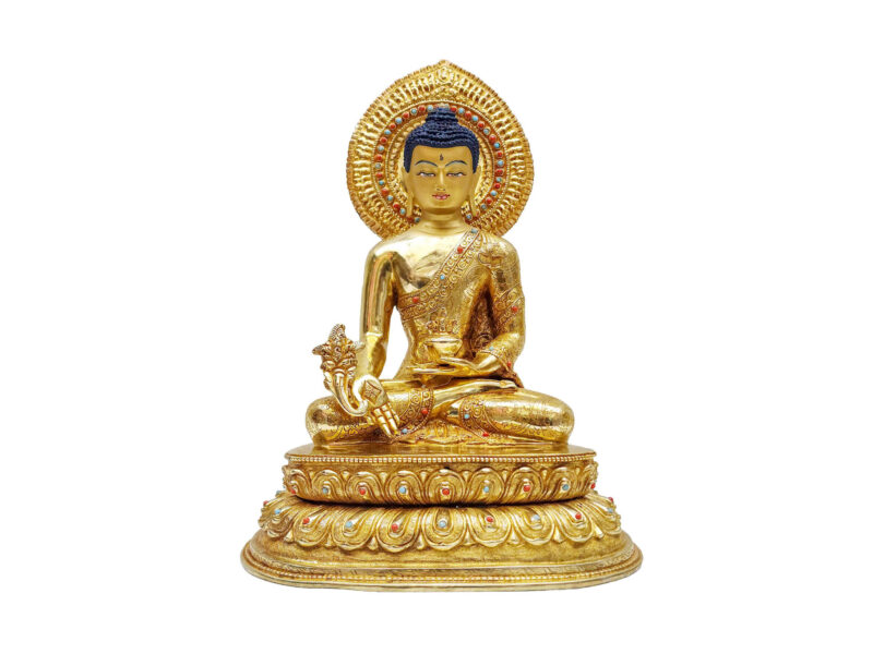 Buddhist Handmade Statue of Medicine Buddha – Full Fire Gold Plated, Face Painted, Stone Setting