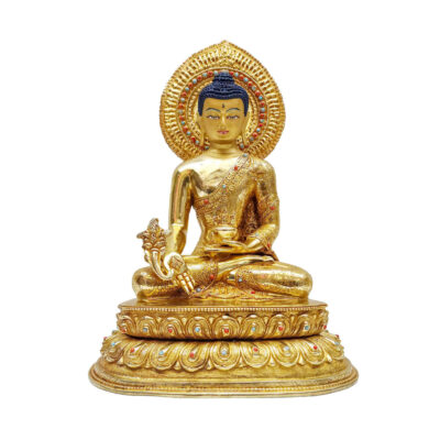 Buddhist Handmade Statue of Medicine Buddha – Full Fire Gold Plated, Face Painted, Stone Setting