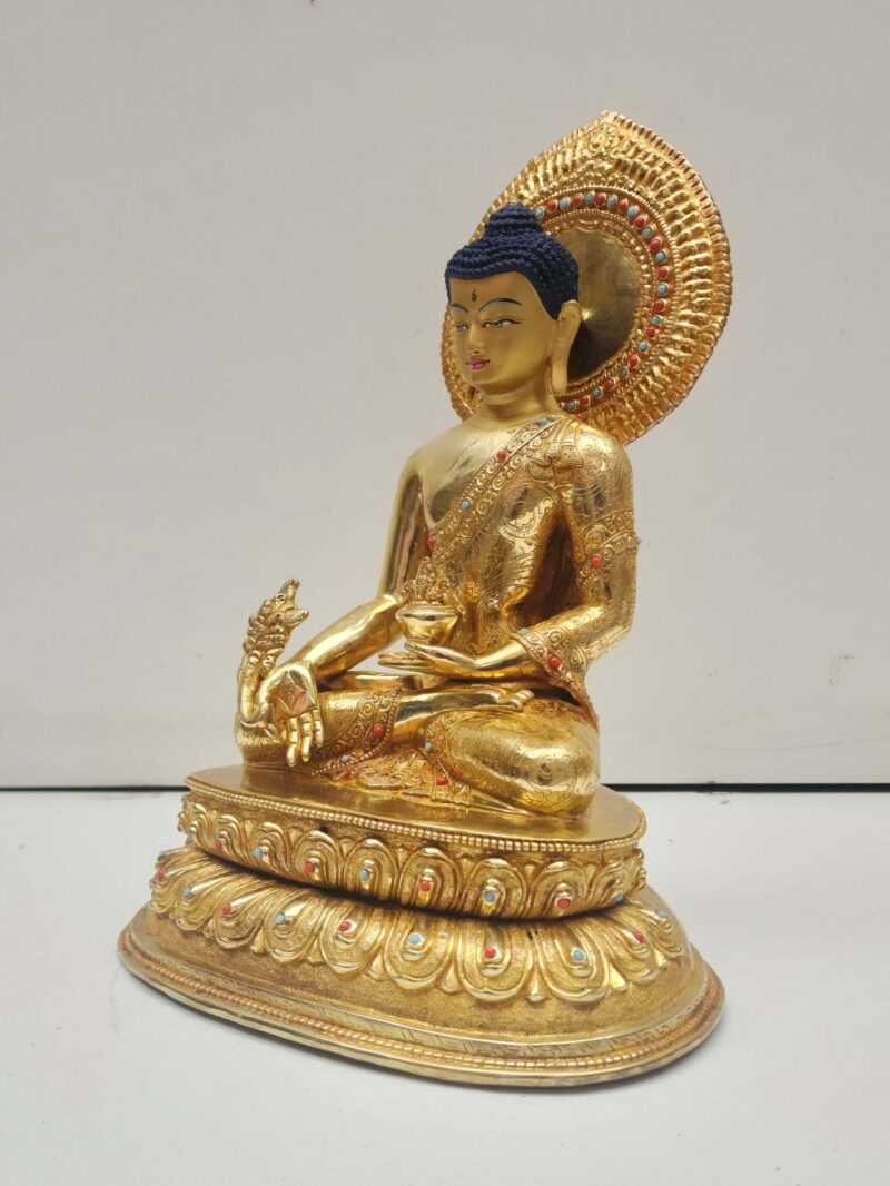 Buddhist Handmade Statue of Medicine Buddha – Full Fire Gold Plated, Face Painted, Stone Setting - Image 4