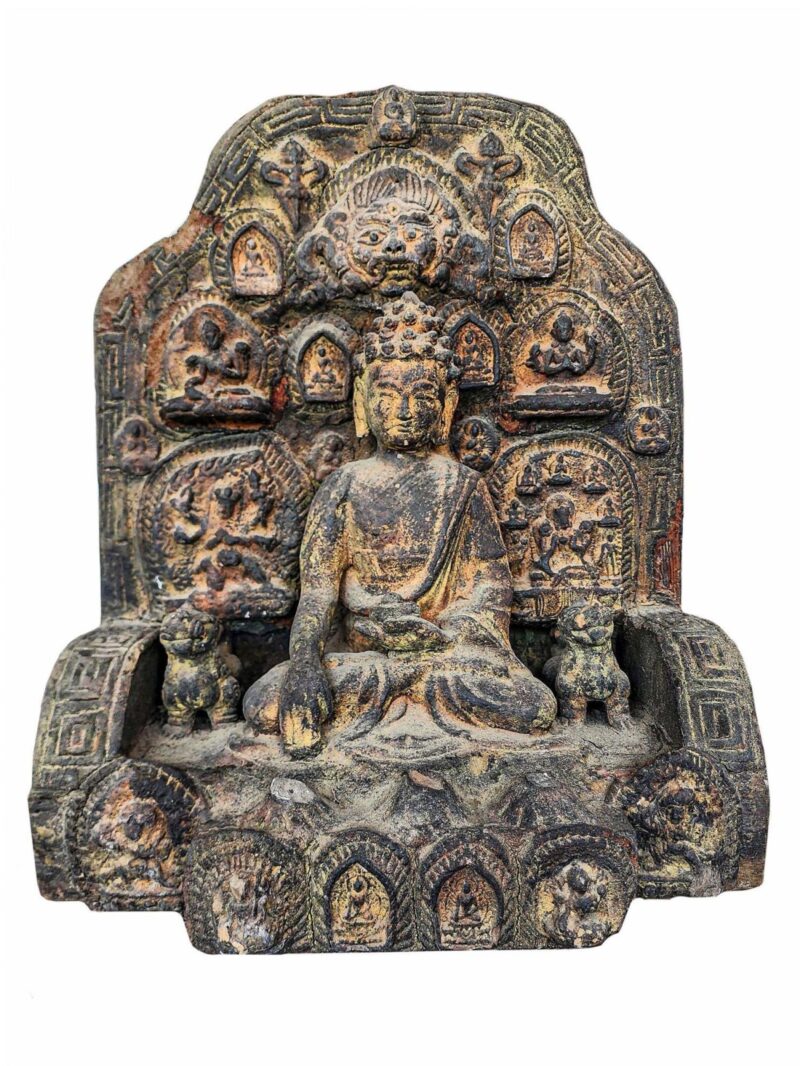 Buddhist Handmade Clay & Wooden Statue of Shakyamuni Buddha on Throne – Antique Stone Color Finish - Image 3