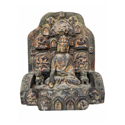 Buddhist Handmade Clay & Wooden Statue of Shakyamuni Buddha on Throne – Antique Stone Color Finish