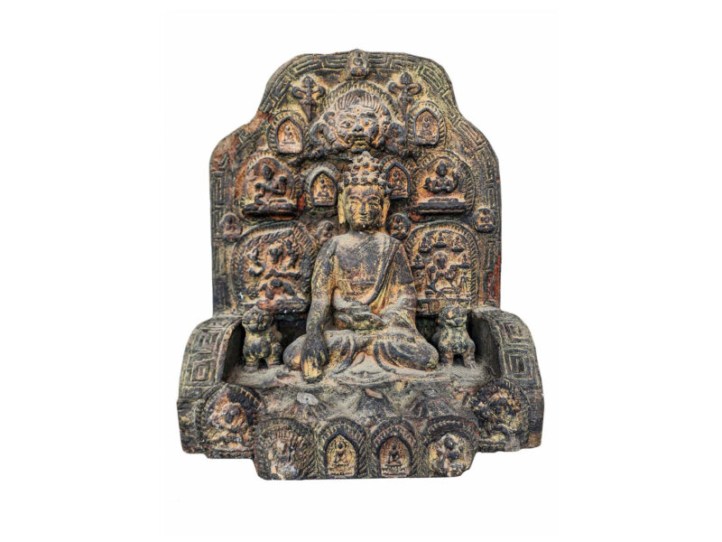 Buddhist Handmade Clay & Wooden Statue of Shakyamuni Buddha on Throne – Antique Stone Color Finish