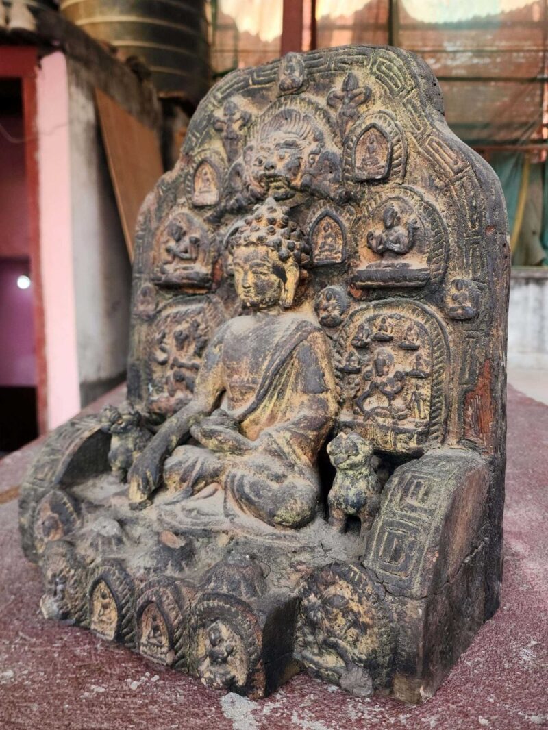 Buddhist Handmade Clay & Wooden Statue of Shakyamuni Buddha on Throne – Antique Stone Color Finish - Image 4