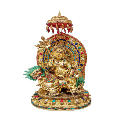 Handmade Buddhist Statue of Singha Kuber (Jambhala Namtose) on Throne – Fire Gold Plated | Stone Inlaid | Face Painted