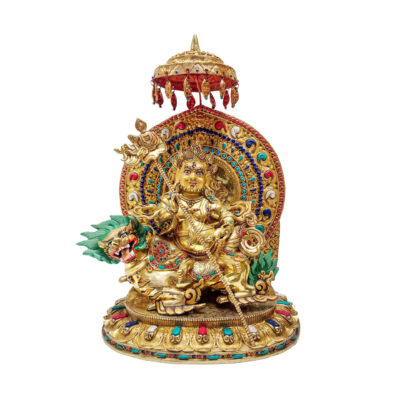 Handmade Buddhist Statue of Singha Kuber (Jambhala Namtose) on Throne – Fire Gold Plated | Stone Inlaid | Face Painted