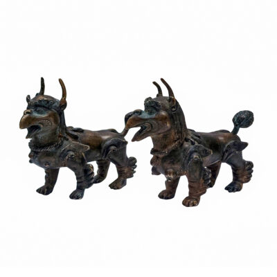 Handmade Temple Lion & Lioness Pair – Antique Patina Finish | Buddhist Guardian Statues