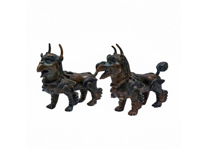 Handmade Temple Lion & Lioness Pair – Antique Patina Finish | Buddhist Guardian Statues