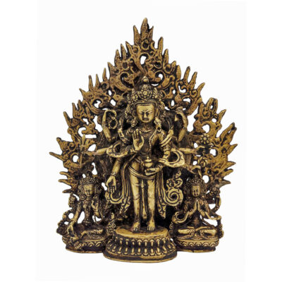 Buddhist Statue of Amoghpasa Lokeshvara with Green Tara & Chenrezig – Antique Patina Finish