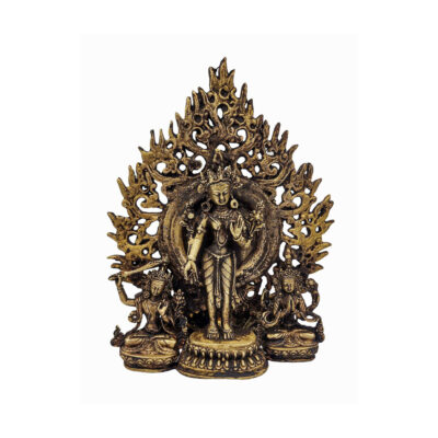 Standing Green Tara with Manjushri & Chenrezig – Antique Patina Copper Statue