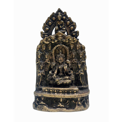 Green Tara on Throne with Shakyamuni Buddha – Handmade Copper Statue with Antique Finish