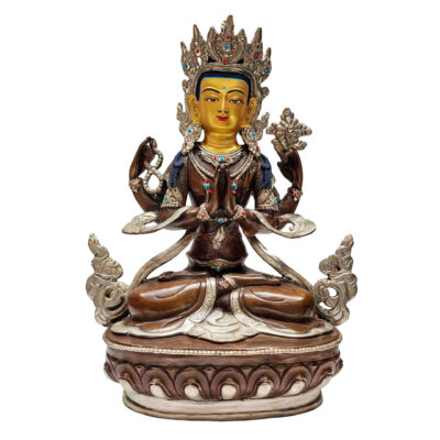 Handmade Chenrezig Statue – Silver Plated & Chocolate Oxidized Finish – Gold-Painted Face