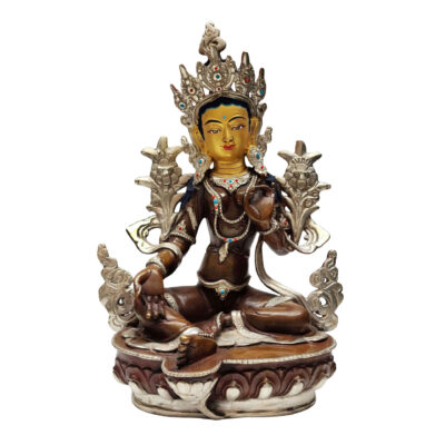 Green Tara Handmade Copper Statue – Silver Plated & Chocolate Oxidized Finish – Gold-Painted Face