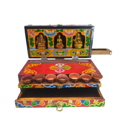 Buddhist Handmade Wooden Traveling Altar Chesum Box – Foldable with Buddha, Avalokiteshvara & Chenrezig Figures