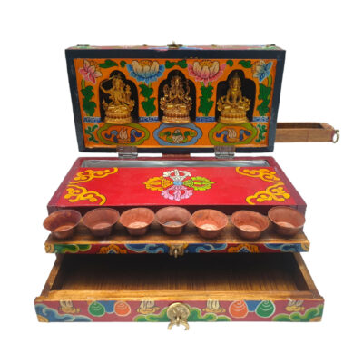 Buddhist Handmade Wooden Traveling Altar Chesum Box – Foldable, With Three Bodhisattvas