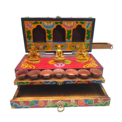 Buddhist Handmade Wooden Traveling Altar Chesum Box – Foldable, With Three Buddhas
