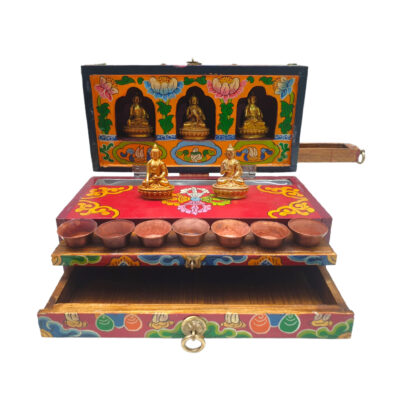 Buddhist Handmade Wooden Traveling Altar Chesum Box – Foldable with Pancha Buddha