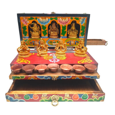 Buddhist Handmade Wooden Traveling Altar Chesum Box – Foldable with Seven Bodhisattvas