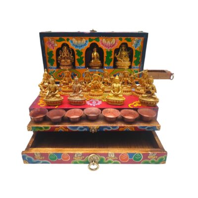 Buddhist Handmade Wooden Traveling Altar Chesum Box – Foldable with Fourteen Bodhisattvas and Buddhas