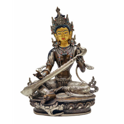 Saraswati Statue – Nepali Handmade, Silver & Chocolate Oxidized, Gold Face Painted
