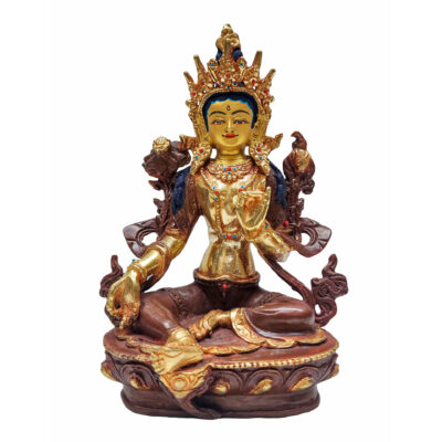 Green Tara Statue – Buddhist Handmade, Partly Gold Plated, Face Painted