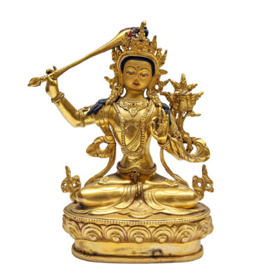 Manjushri Buddha Statue – Gold-Plated Copper, Face Painted (Old Stock)