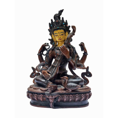 Saraswati Statue – Handcrafted Copper, Gold-Painted Face (Old Stock)