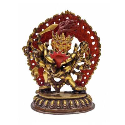 Mahakala Twelve Arms Statue – Gold-Plated, Face Painted, Handmade Copper (Old Stock)