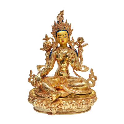Green Tara Statue – Full Fire Gold Plated, Face Painted, Stone-Set Masterpiece