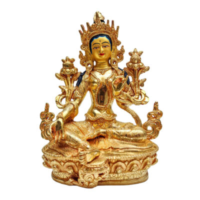 Green Tara Statue – Full Fire Gold Plated, Face Painted