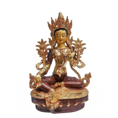 Green Tara, Buddhist Handmade Statue, Partly Gold Plated with Face Painted