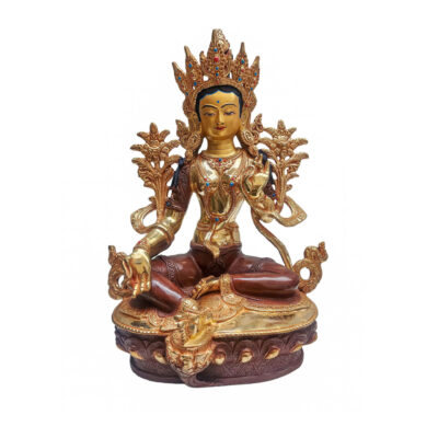 Green Tara Statue | Partly Gold-Plated | Face Painted | Handmade Copper Sculpture
