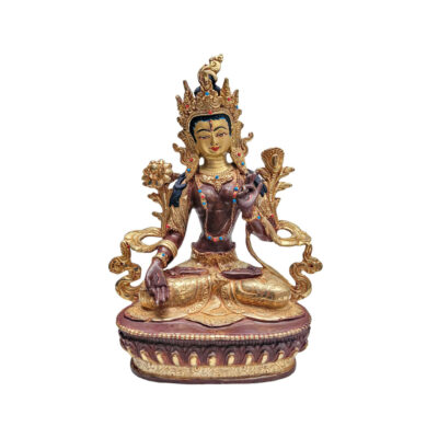 White Tara Statue | Partly Gold-Plated | Face Painted | Handmade Copper Sculpture