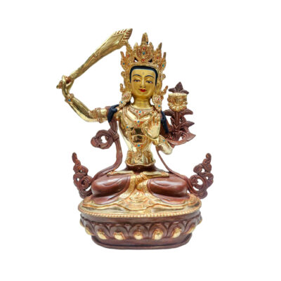 Manjushri Statue | Handmade Copper Sculpture | Partly Fire Gold Plated with Hand-Painted Face