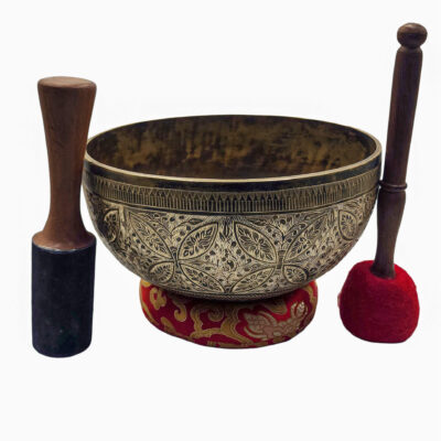 Jambati Singing Bowl | Hand-Beaten & Finely Carved | Buddhist Healing Bowl | Seven Metal Bronze | Accessories Optional