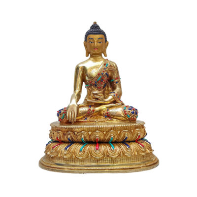 Shakyamuni Buddha Statue – Handmade Copper Sculpture with Double Base, Full Gold Plating, Stone Inlay & Face Painting
