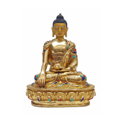 Shakyamuni Buddha Statue – Handmade Copper Sculpture with Full Gold Plating, Stone Inlay, and Gold-Painted Face
