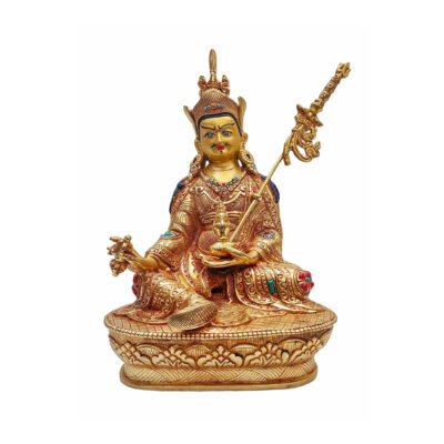 Padmasambhava, Buddhist Handmade Statue, Gold Plated, Face Painted and Stone Setting