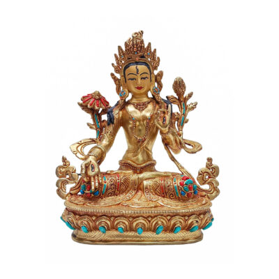 White Tara Statue – Handmade Buddhist Sculpture, Full Fire Gold Plated, Face Painted with Stone Inlay